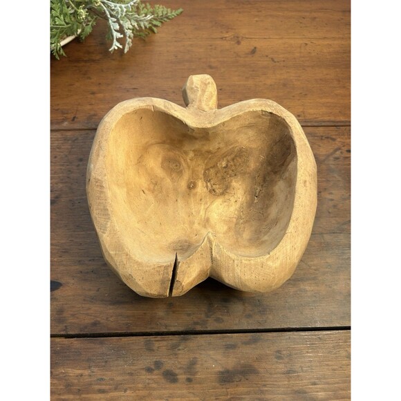 Vintage Hand Carved Wood Apple Shaped Bowl Trinket Dish Primitive Folk Art - Picture 2 of 11
